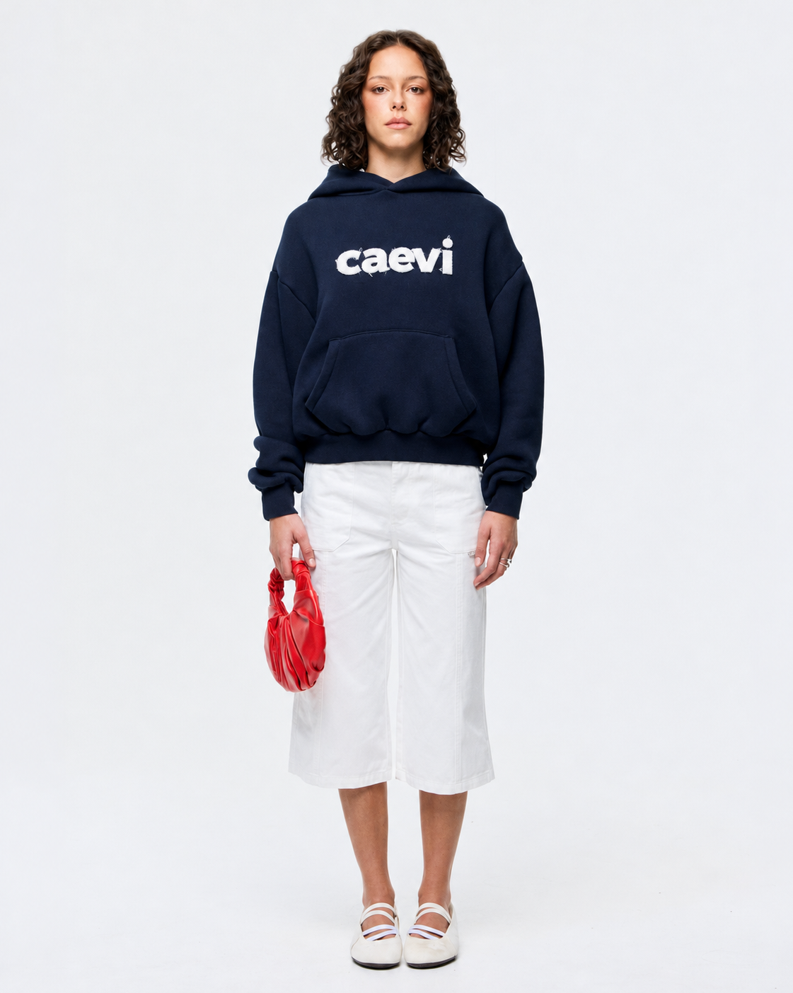 CAEVI Appliqué Heavyweight Hoodie in Navy – model styling view