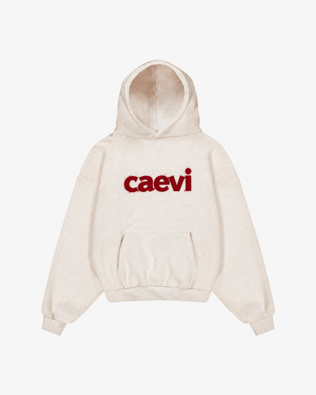 CAEVI Appliqué Heavyweight Hoodie in Oatmeal – model styling view
