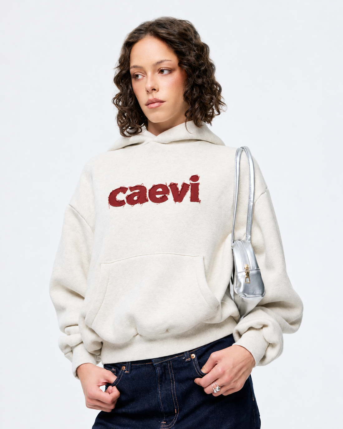 CAEVI Appliqué Heavyweight Hoodie in Oatmeal – model styling view