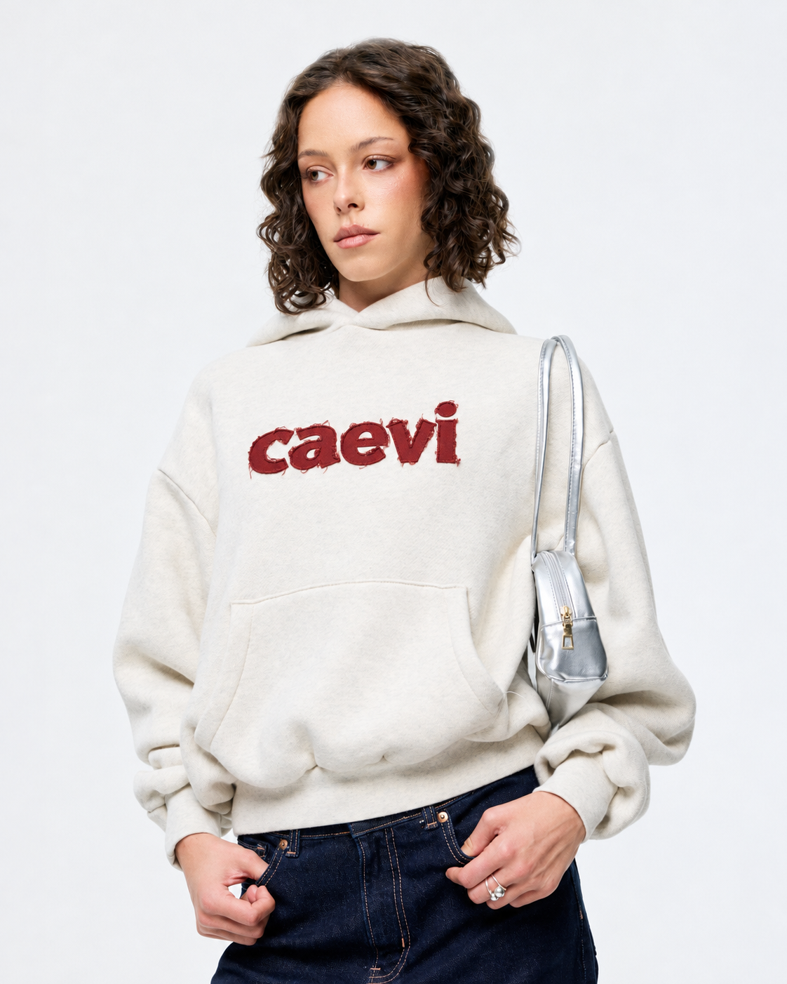 CAEVI Appliqué Heavyweight Hoodie in Oatmeal – model styling view