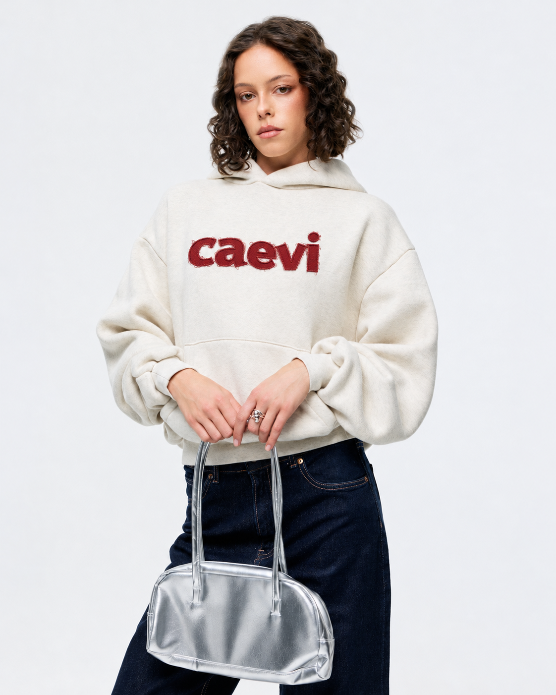CAEVI Appliqué Heavyweight Hoodie in Oatmeal – logo detail and fit view