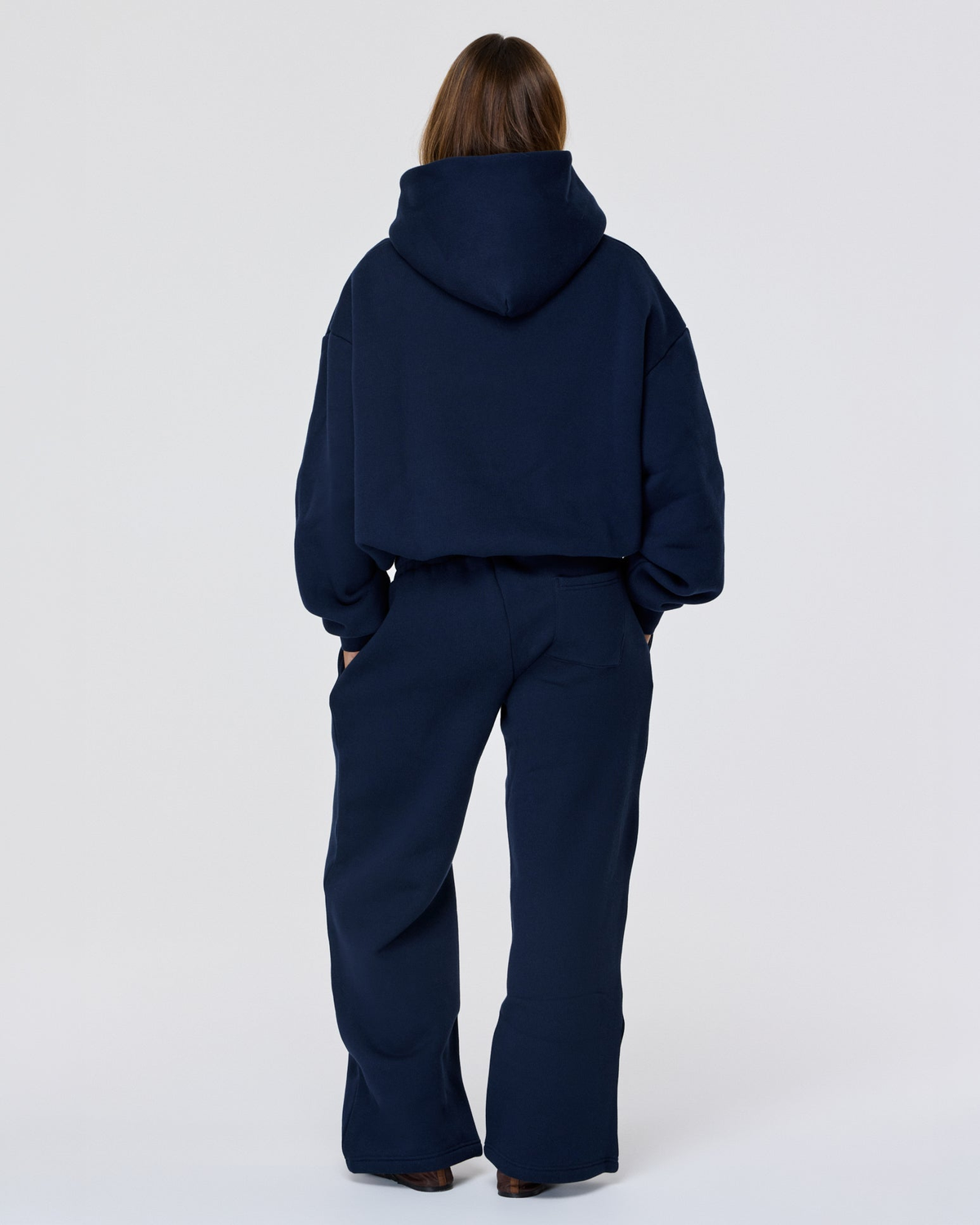 CAEVI Heavyweight Straight Tracks in Navy – logo-free pants model styling view