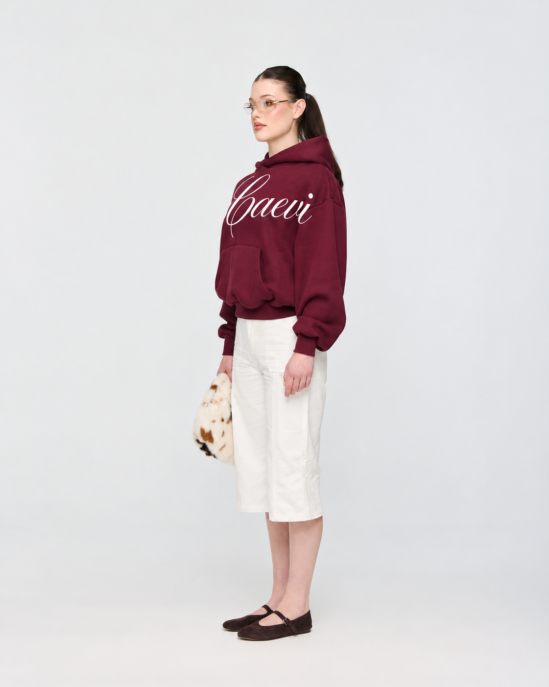 CAEVI Calligraphy Heavyweight Hoodie in Plum – model styling view