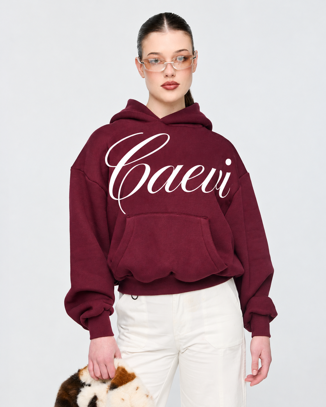 CAEVI Calligraphy Heavyweight Hoodie in Plum – model styling view