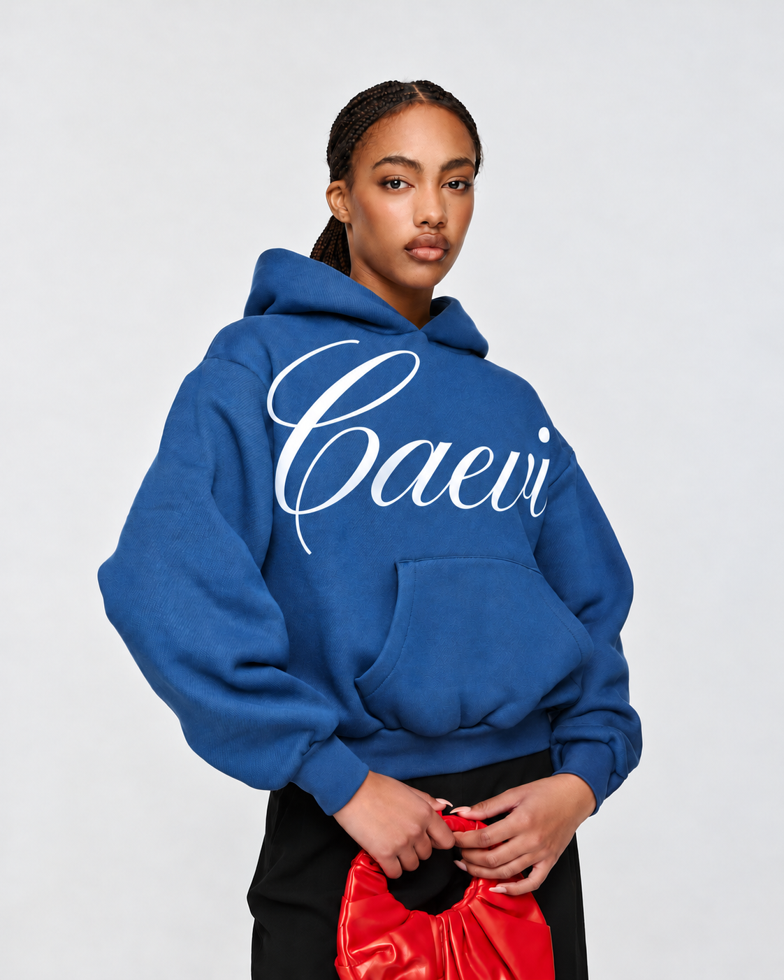 CAEVI Calligraphy Heavyweight Hoodie in Royal Blue – model styling view