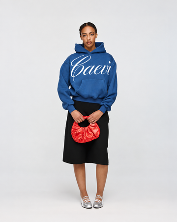 CAEVI Calligraphy Heavyweight Hoodie in Royal Blue – model styling view