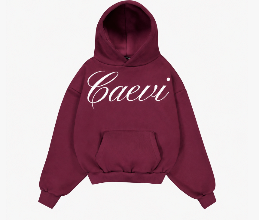 CAEVI Burgundy heavyweight pullover hoodie with large white calligraphy chest logo