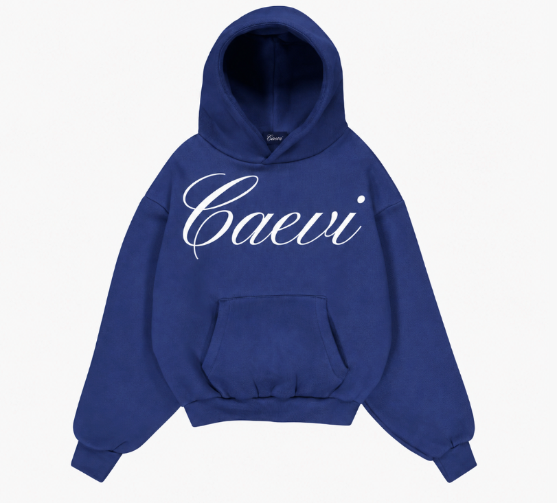 CAEVI Royal Blue heavyweight pullover hoodie with large white calligraphy chest logo