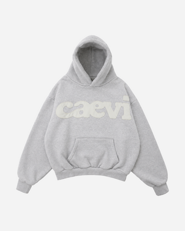 Statement Heavyweight Hoodie in Marle Grey with cream fabric appliqué – front product view