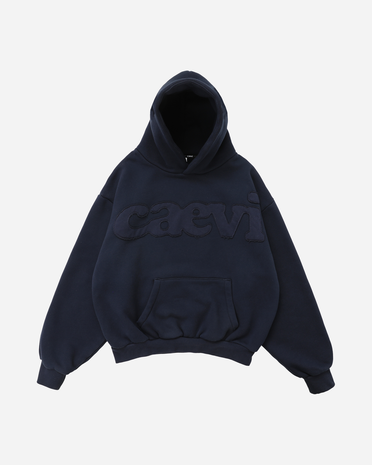 Statement Heavyweight Hoodie in Navy with tonal fabric appliqué – front product view