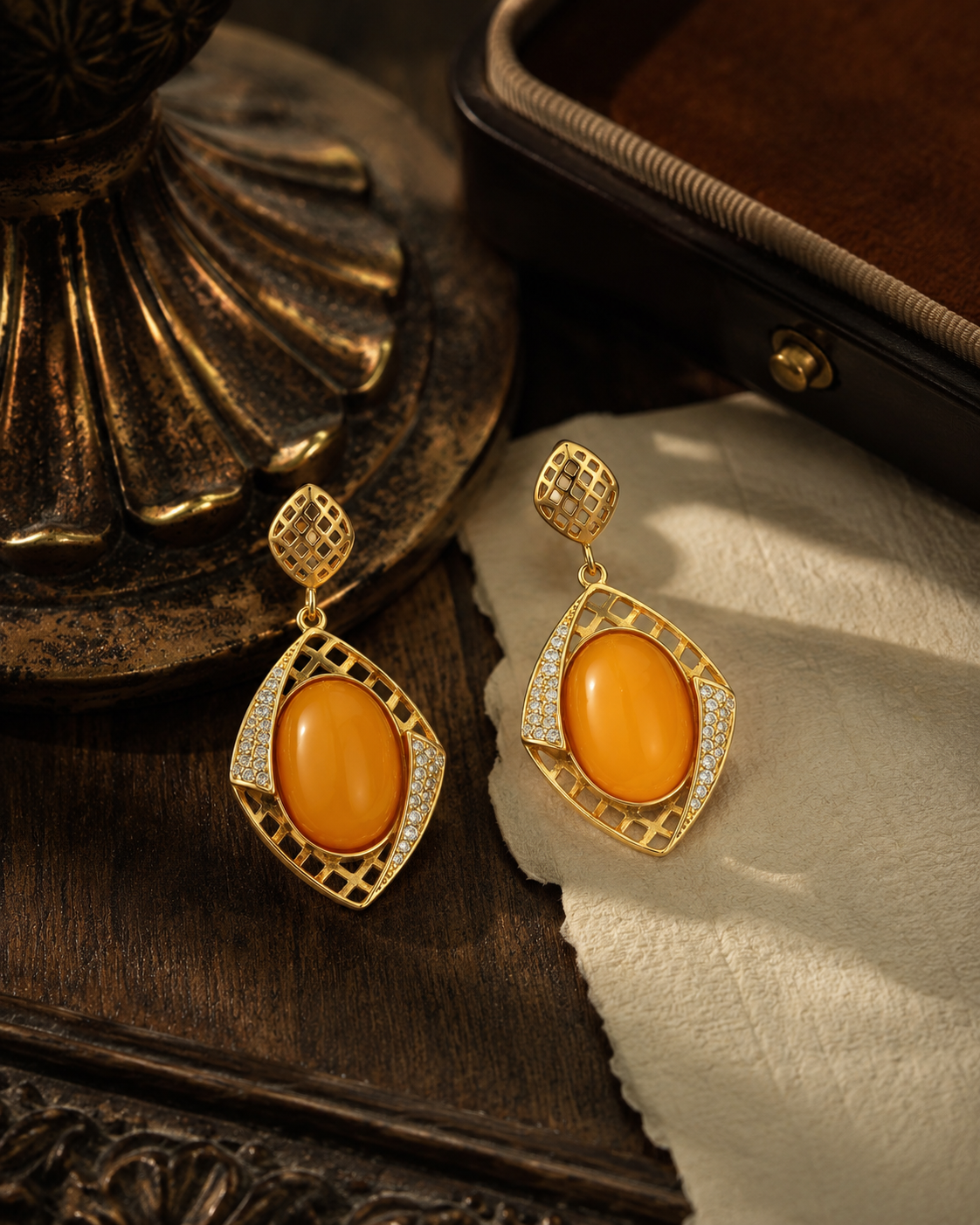 Lattice Marquise Butterscotch Amber Drop Earrings