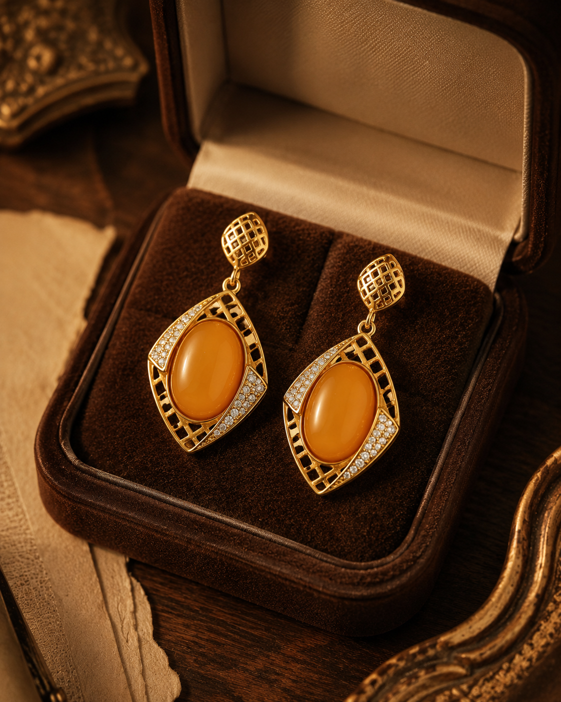 Lattice Marquise Butterscotch Amber Drop Earrings