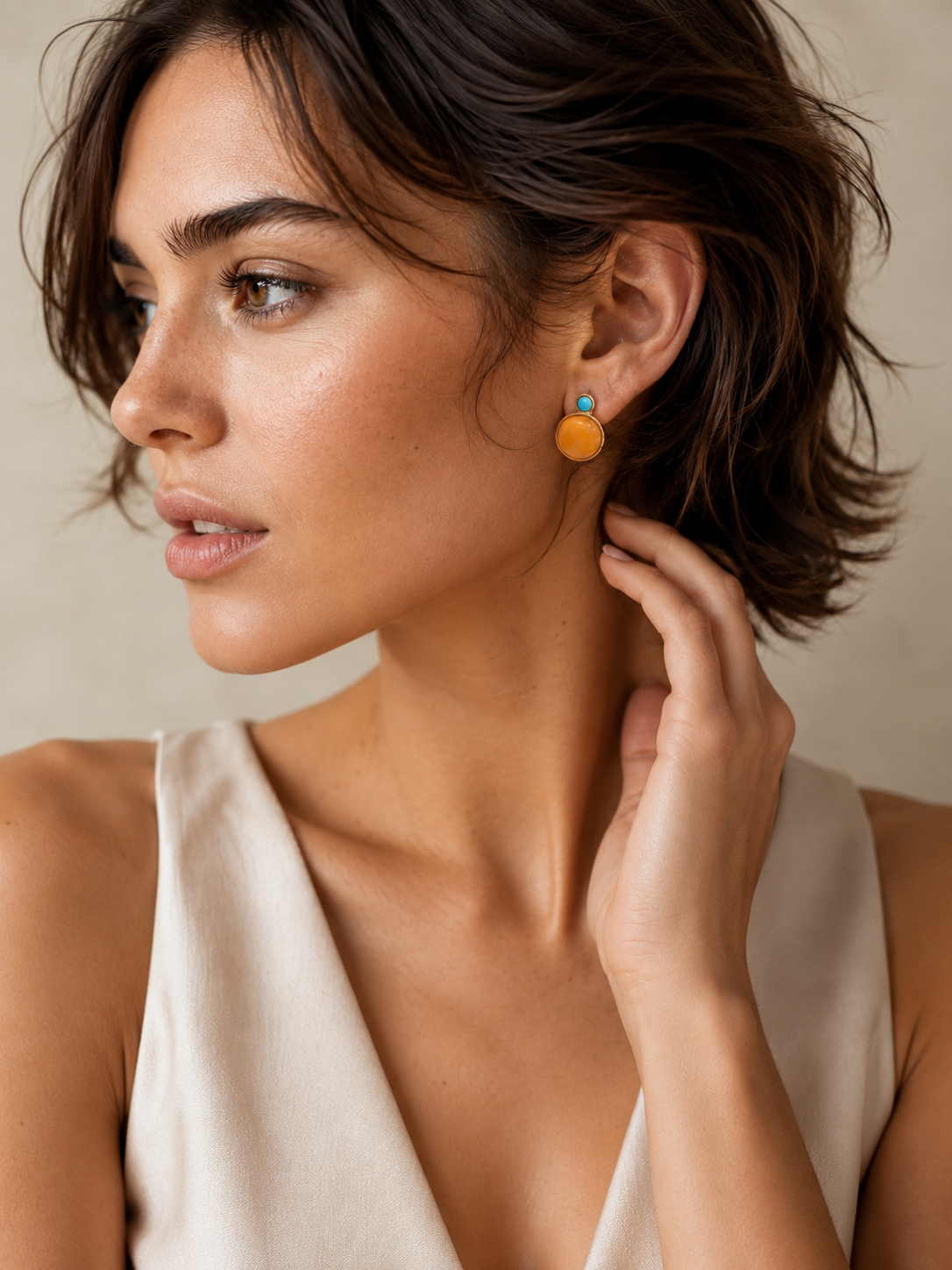 Round Turquoise Top Butterscotch Amber Stud Earrings