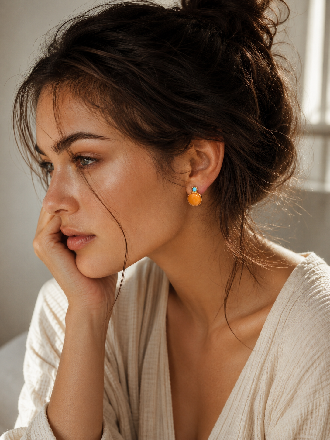 Round Turquoise Top Butterscotch Amber Stud Earrings