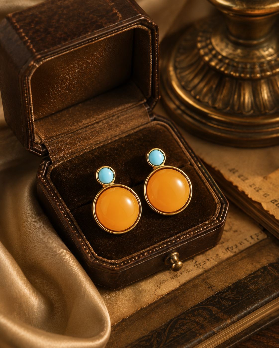 Round Turquoise Top Butterscotch Amber Stud Earrings