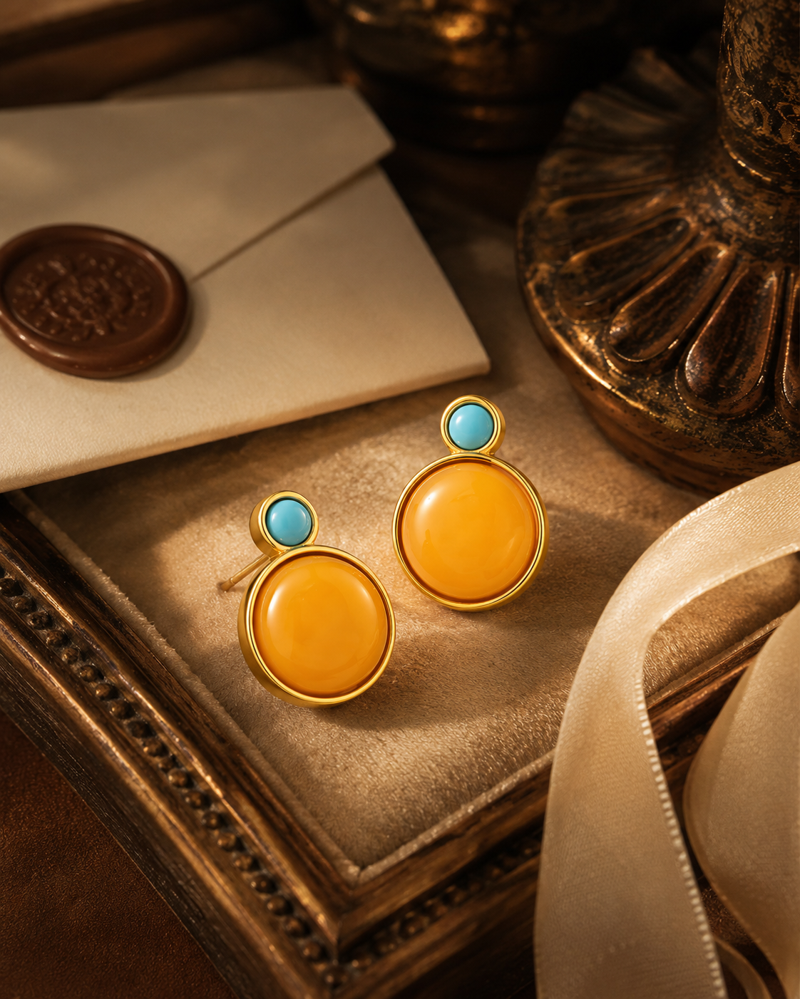 Round Turquoise Top Butterscotch Amber Stud Earrings