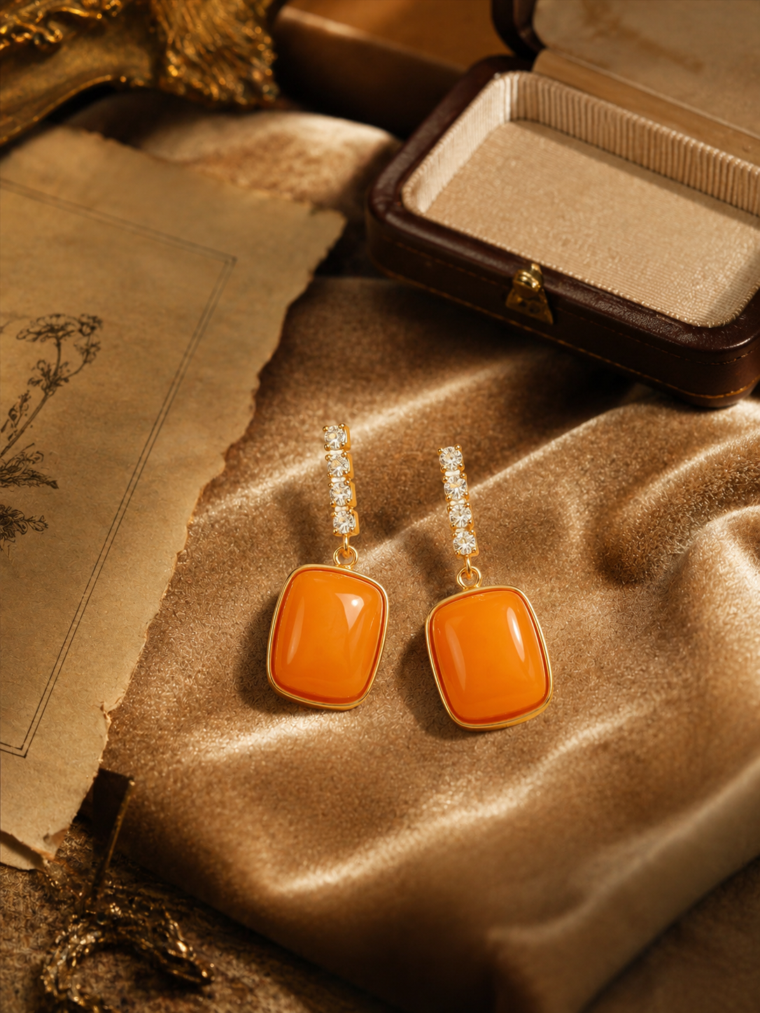 Crystal Bar Cushion Butterscotch Amber Drop Earrings