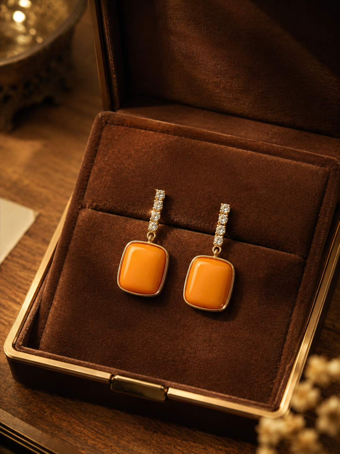 Crystal Bar Cushion Butterscotch Amber Drop Earrings
