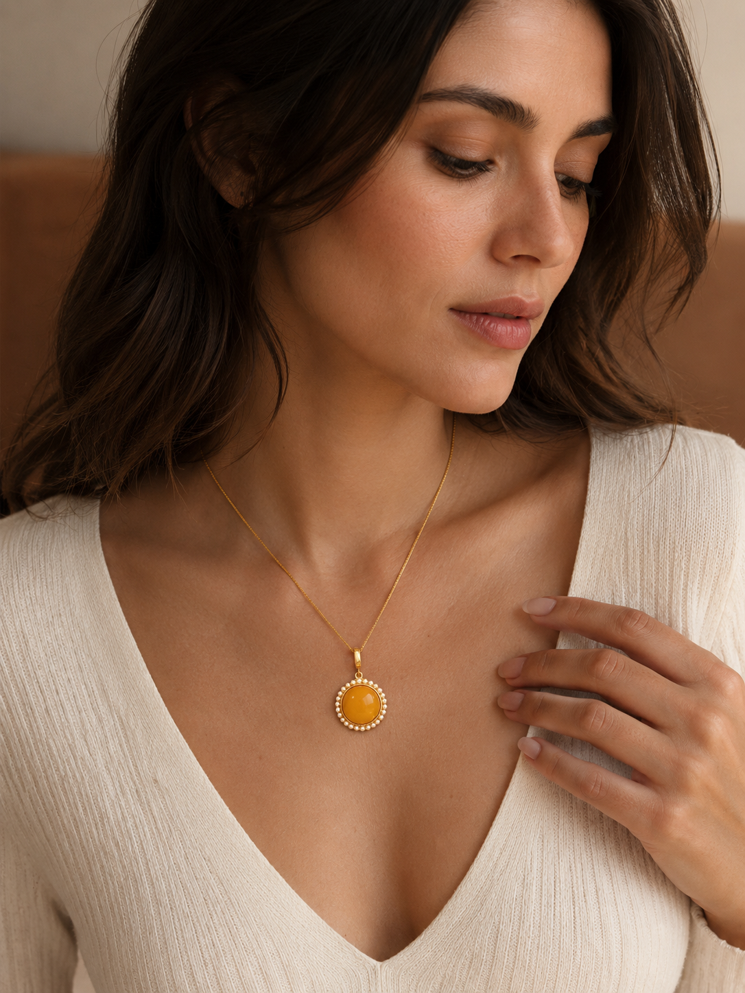 Pearl Halo Round Butterscotch Amber Necklace