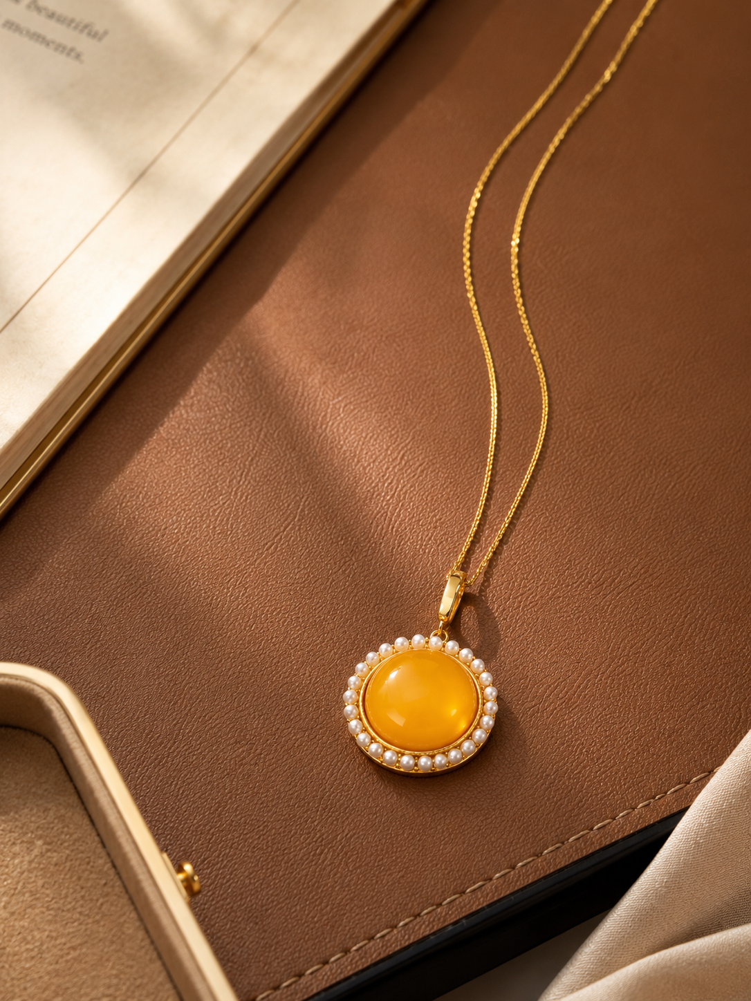 Pearl Halo Round Butterscotch Amber Necklace