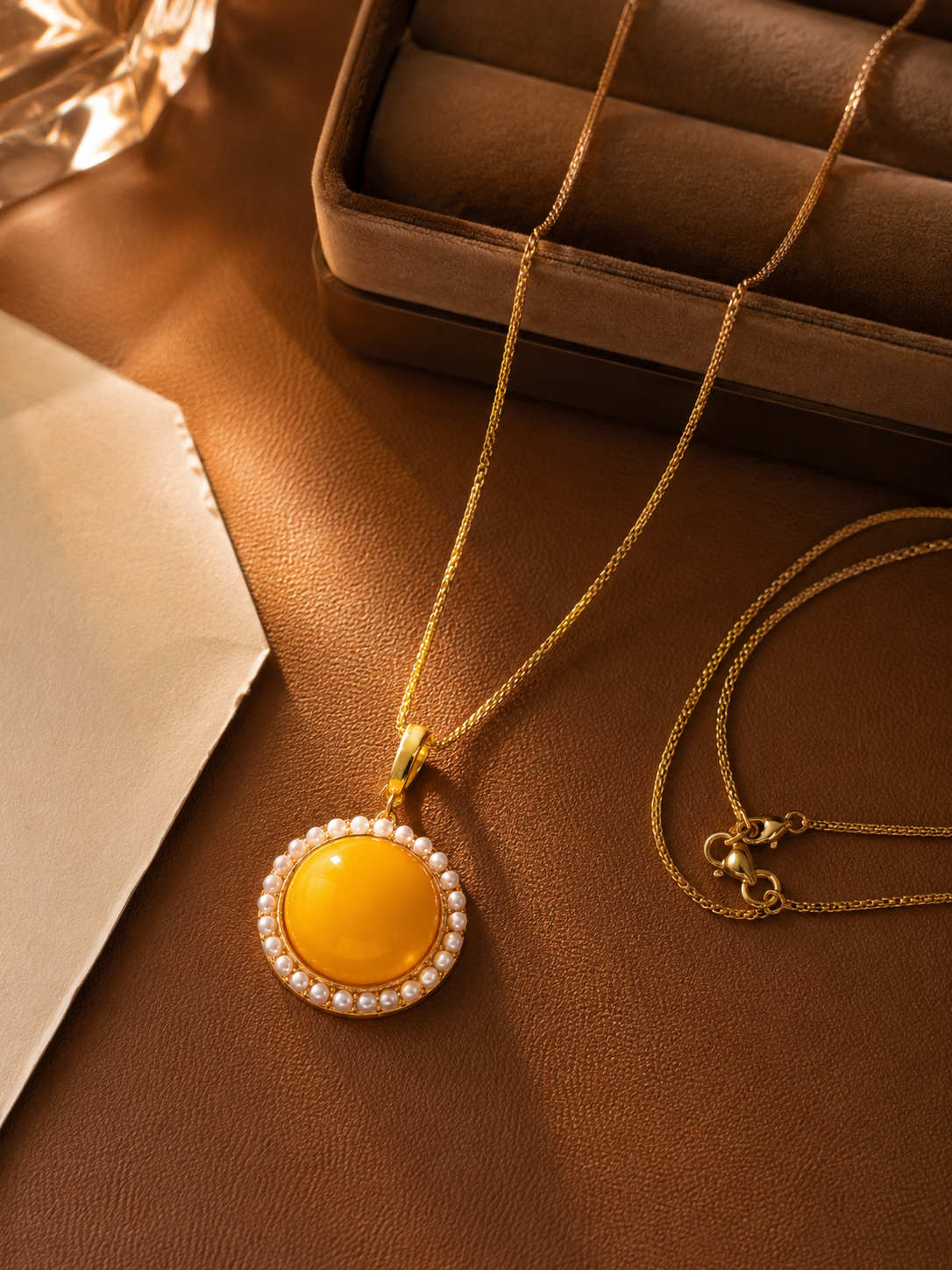 Pearl Halo Round Butterscotch Amber Necklace