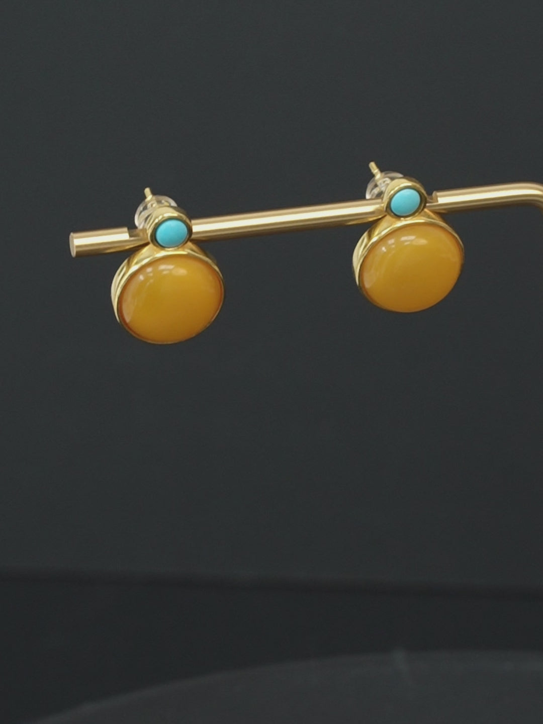 Round Turquoise Top Butterscotch Amber Stud Earrings