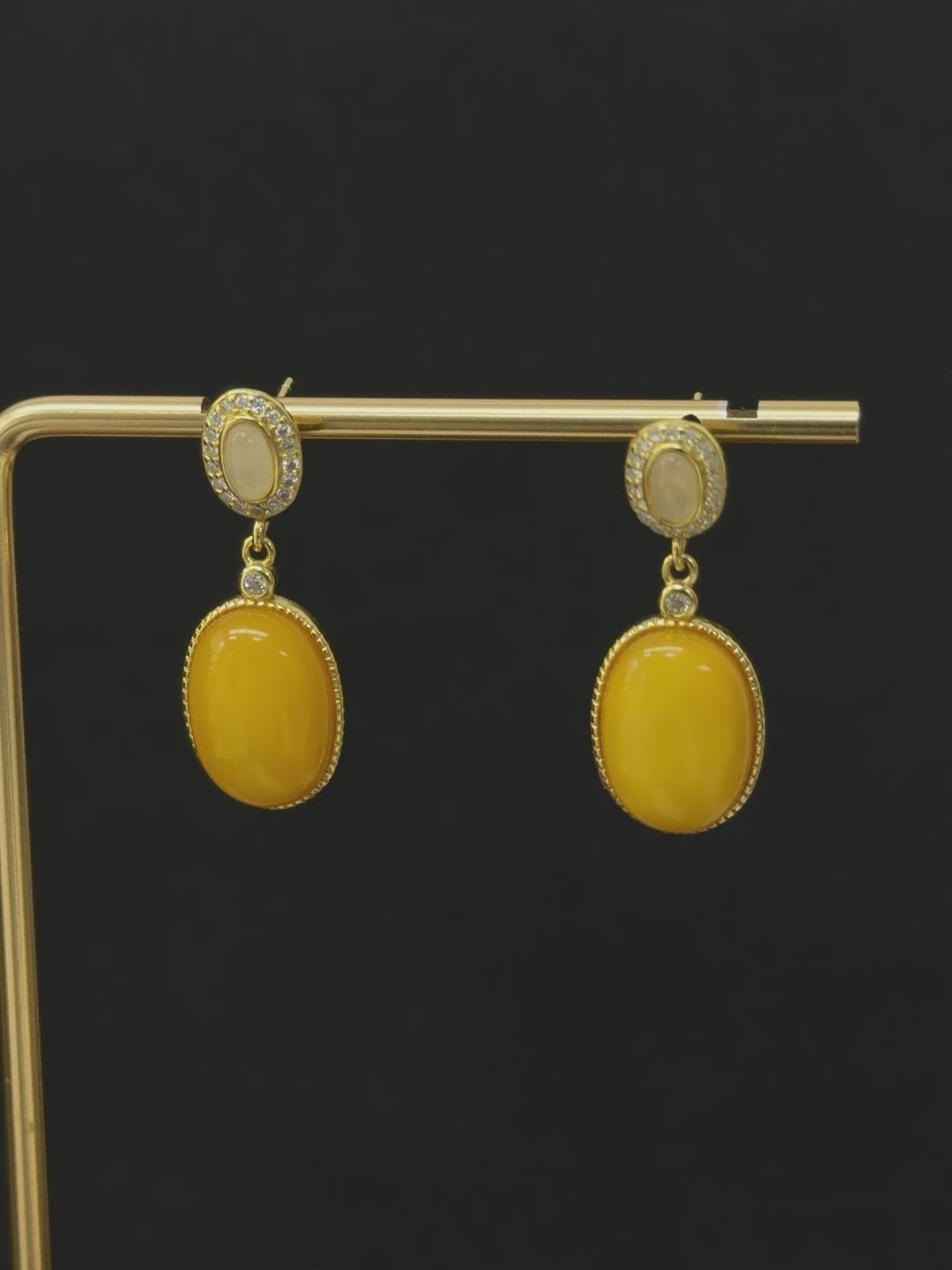 Crystal Top Oval Butterscotch Amber Drop Earrings