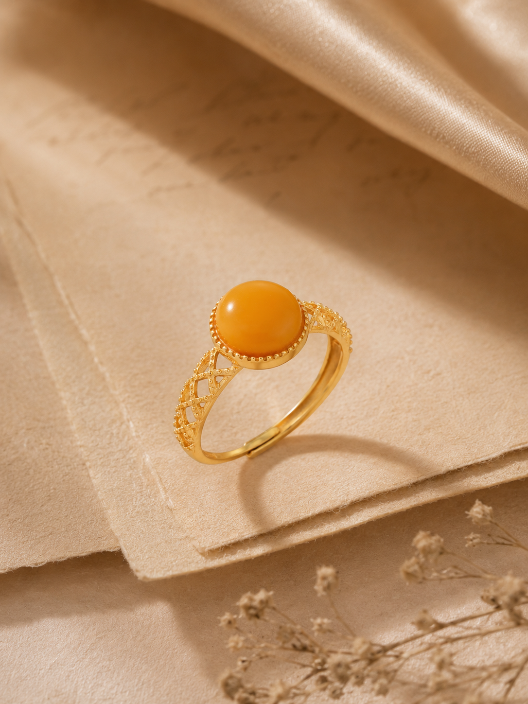 Lattice Filigree Butterscotch Amber Ring