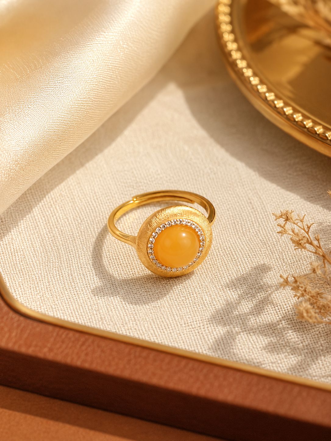 Round Halo Butterscotch Amber Ring