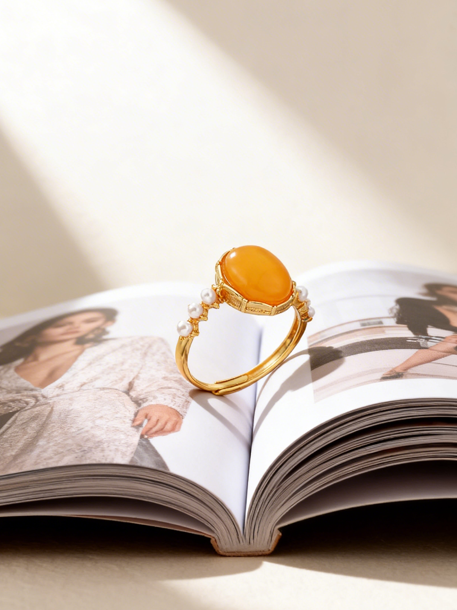 Luminous Pearl Butterscotch Amber Ring