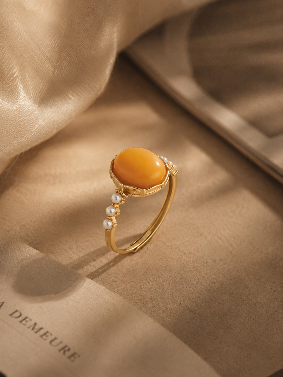 Luminous Pearl Butterscotch Amber Ring